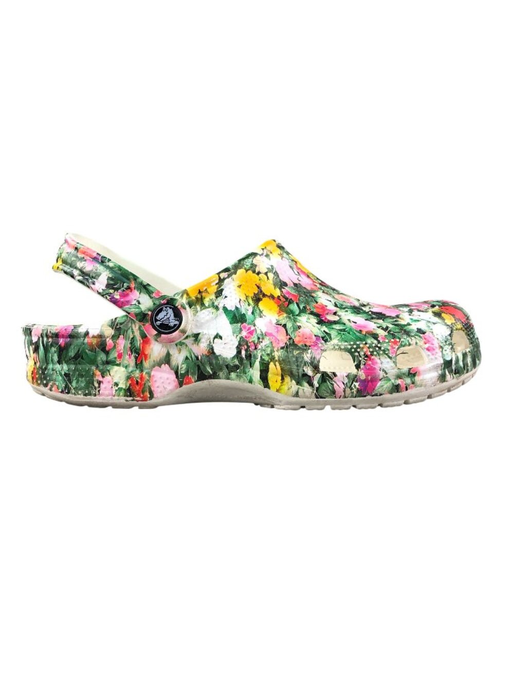 Crocs Unisex M7 W9 Classic White Multi Floral Print Closed Toe Slip On Clogs